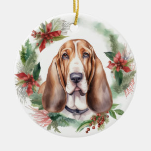 Décoration En Céramique Basset Hound Festive Wreath de Noël Pup