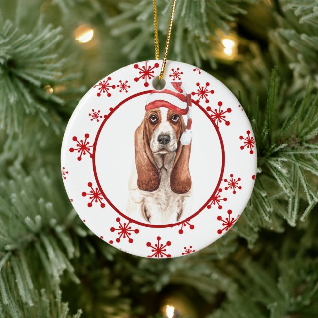 Décoration En Céramique Basset Hound Santa Hat Red Snowflake (Arbre)