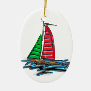 Décoration En Céramique Bateau de Noël rouge et vert