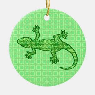 Décoration En Céramique Batik tribal Gecko - chaux et vert émeraude