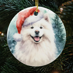 Décoration En Céramique Beau Blanc Samoyed Aquarelle Noël
