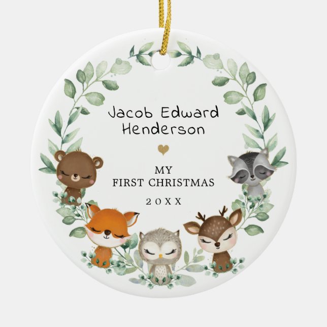 Décoration En Céramique Bébé 1er Noël Bois Végétal Animaux (Devant)