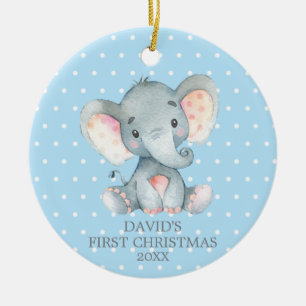 Décoration En Céramique Bébé Eléphant mignon garçon premier Noël bleu