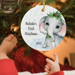 Décoration En Céramique Bébé Eléphant mignon Premier Noël Nom de la fille