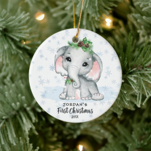 Décoration En Céramique Bébé Eléphant mignon Premier Noël Nom photo