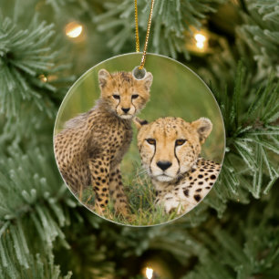 Décoration En Céramique Bébé guépard et parent dans l'herbe
