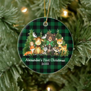 Décoration En Céramique Bébé Première forêt de Noël Animaux Green Plaid