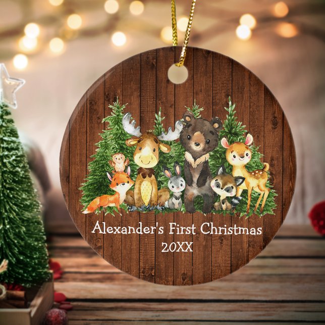Décoration En Céramique Bébé Première forêt de Noël Animaux Rond rustique (Customize with name and year.)