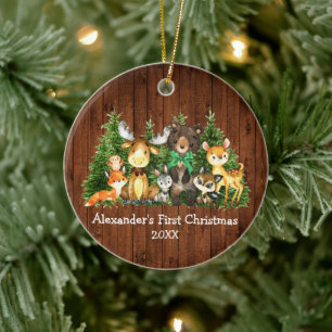 Décoration En Céramique Bébé Première Noël Bois Forêt Animaux Bois Vert Bo