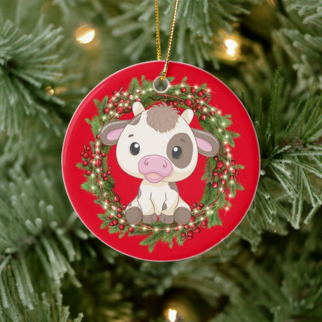 Décoration En Céramique Bébé Vache Joyeux Noël Rouge (Arbre)