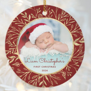 Décoration En Céramique Bébés 1ère photo de Noël Gold Foliage Rouge rond