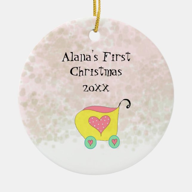 Décoration En Céramique Bébés Buggy Jaune Premier Noël (Devant)