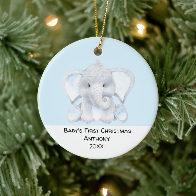 Décoration En Céramique Bébés Eléphants Bleus Personnalisés Premier Noël (Arbre)