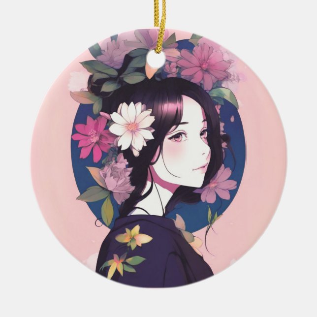 Décoration En Céramique Belle Anime Girl couronnée de fleurs (Devant)