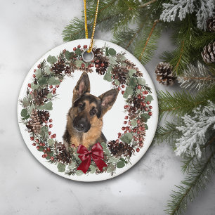 Décoration En Céramique Berger allemand Chien rouge Bow Pinecone Wreath