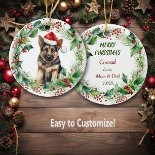Décoration En Céramique Berger allemand Chiot Holly Wreath Noël