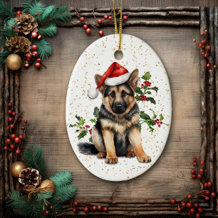 Décoration En Céramique Berger allemand Chiot Noël Holly