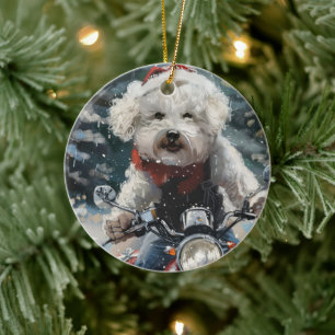 Décoration En Céramique Bichon Frise Chien équitation Moto Noël