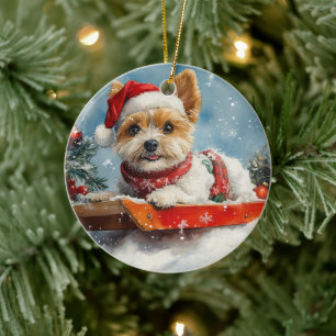 Décoration En Céramique Biewer Terrier Chien dans la boue Laisser il neige