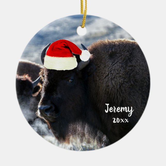 Décoration En Céramique Bison américain à Santa Hat (Devant)