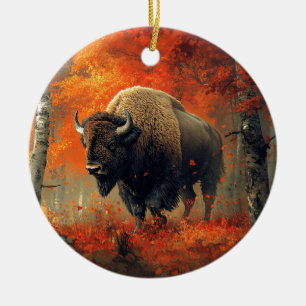 Décoration En Céramique Bison dans l'artisanat boisé d'automne