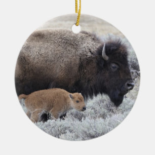 Décoration En Céramique Bison vache et veau, Yellowstone