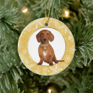 Décoration En Céramique Bleu de neige blanc or Bordure Rouge Dachshund