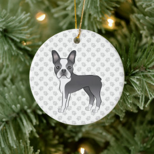 Décoration En Céramique Bleu Et Blanc Boston Terrier Cartoon Chien & Paws