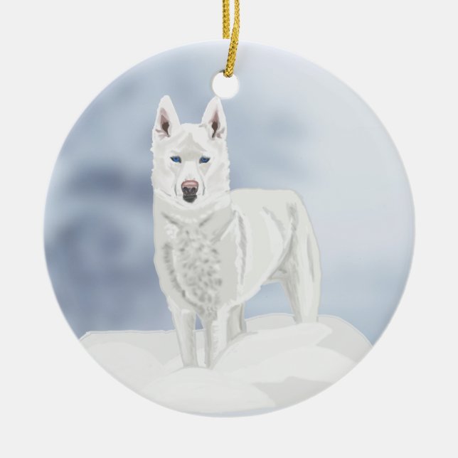 Décoration En Céramique Bleu oeil, blanc Husky, neige (Devant)