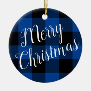 Décoration En Céramique Bleu profond et noir Buffalo Plaid Joyeux Noël