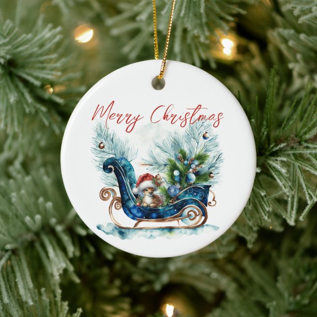 Décoration En Céramique Bleu Sled Bébé Reindeer (Arbre)