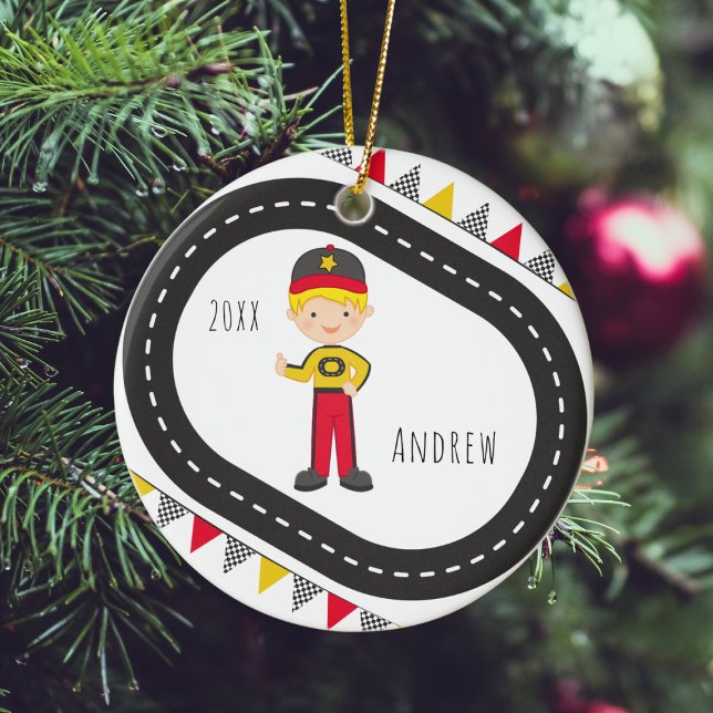 Décoration En Céramique Blonde Racer Boy Christmas Ornament (Créateur téléchargé)