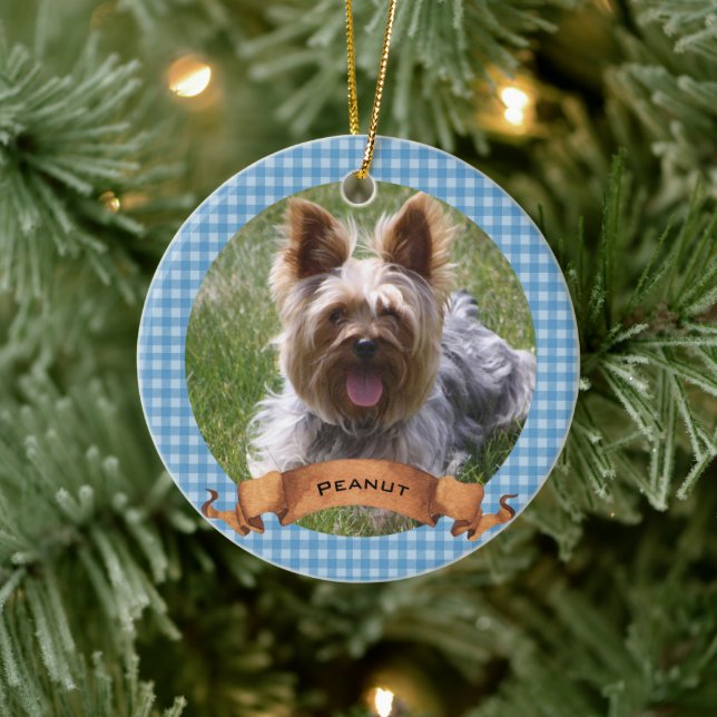 Décoration En Céramique Blue Buffalo Plaid Pet Photo Personnalisée (Arbre)