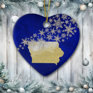 Décoration En Céramique Blue Gold Snowflake Iowa Heart