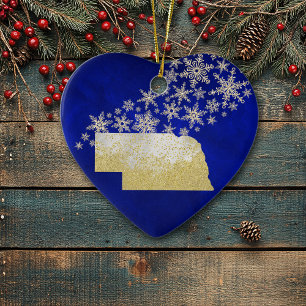 Décoration En Céramique Blue Gold Snowflake Nebraska Heart