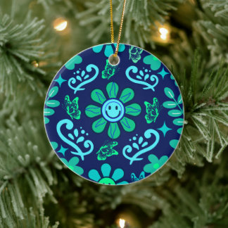 Décoration En Céramique Blue Retro Style Floral and Sun Symbol Pattern