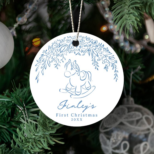Décoration En Céramique Blue Whimsical rocking horse Baby's 1st Christmas (Blue Whimsical rocking horse Baby's 1st Christmas Ceramic Ornament)