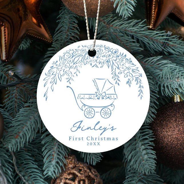 Décoration En Céramique Blue Whimsical Stroller Baby's First Christmas (Blue Whimsical Stroller Baby's First Christmas Ceramic Ornament)