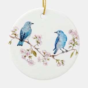 Décoration En Céramique Bluebirds de montagne sur la branche Sakura