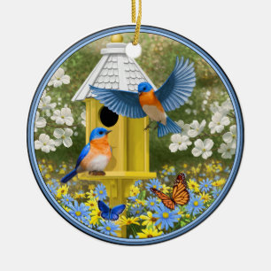 Décoration En Céramique Bluebirds et Tall Yellow Birhouse