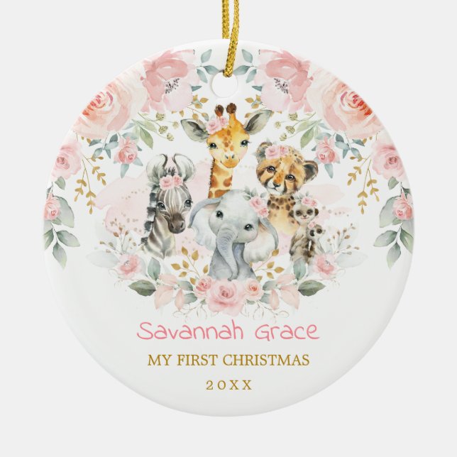 Décoration En Céramique Boho Jungle Animaux rose Floral Baby 1er Noël (Devant)