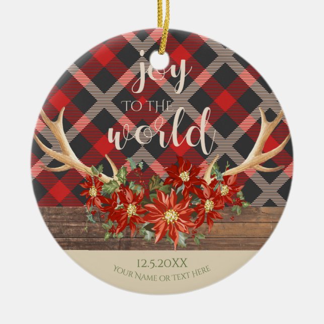 Décoration En Céramique Bois Antlers Poinsettias et Red Plaid (Devant)