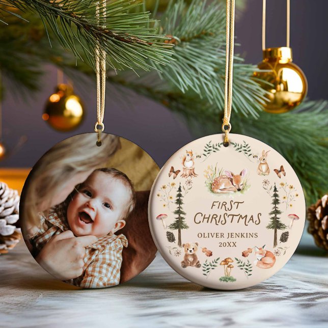 Décoration En Céramique Bois bébé Boy First Christmas Photo Ornament (Woodland First Christmas Photo Ornament)