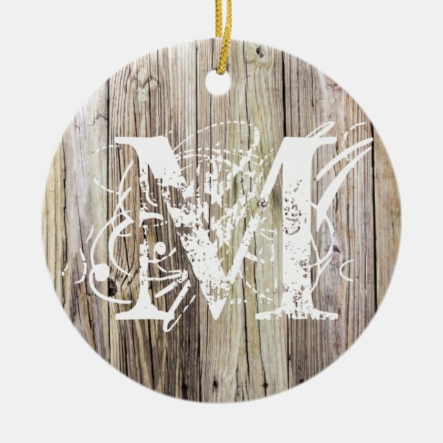 Décoration En Céramique Bois rustique Monogramme Ornament de Noël (Devant)
