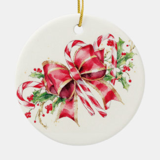 Décoration En Céramique Bonbon à l'aquarelle Canne Rouge Ruban de houx