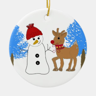 Décoration En Céramique Bonhomme de neige et renne dans la forêt