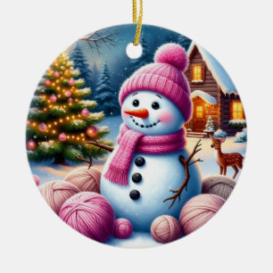 Décoration En Céramique Bonhomme de neige joyeux près d'un arbre de Noël d