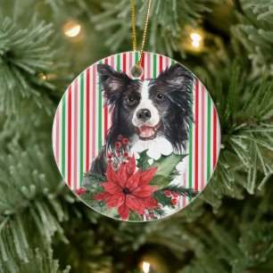 Décoration En Céramique Border Collie à l'aquarelle avec Poinsettia