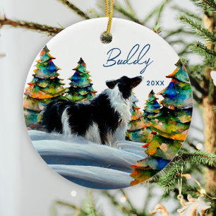 Décoration En Céramique Border Collie dans la forêt enneigée d'hiver arbre