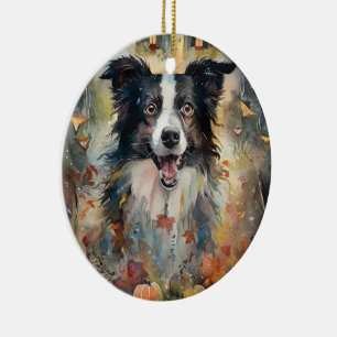 Décoration En Céramique Border Collie Halloween avec citrouilles effrayant